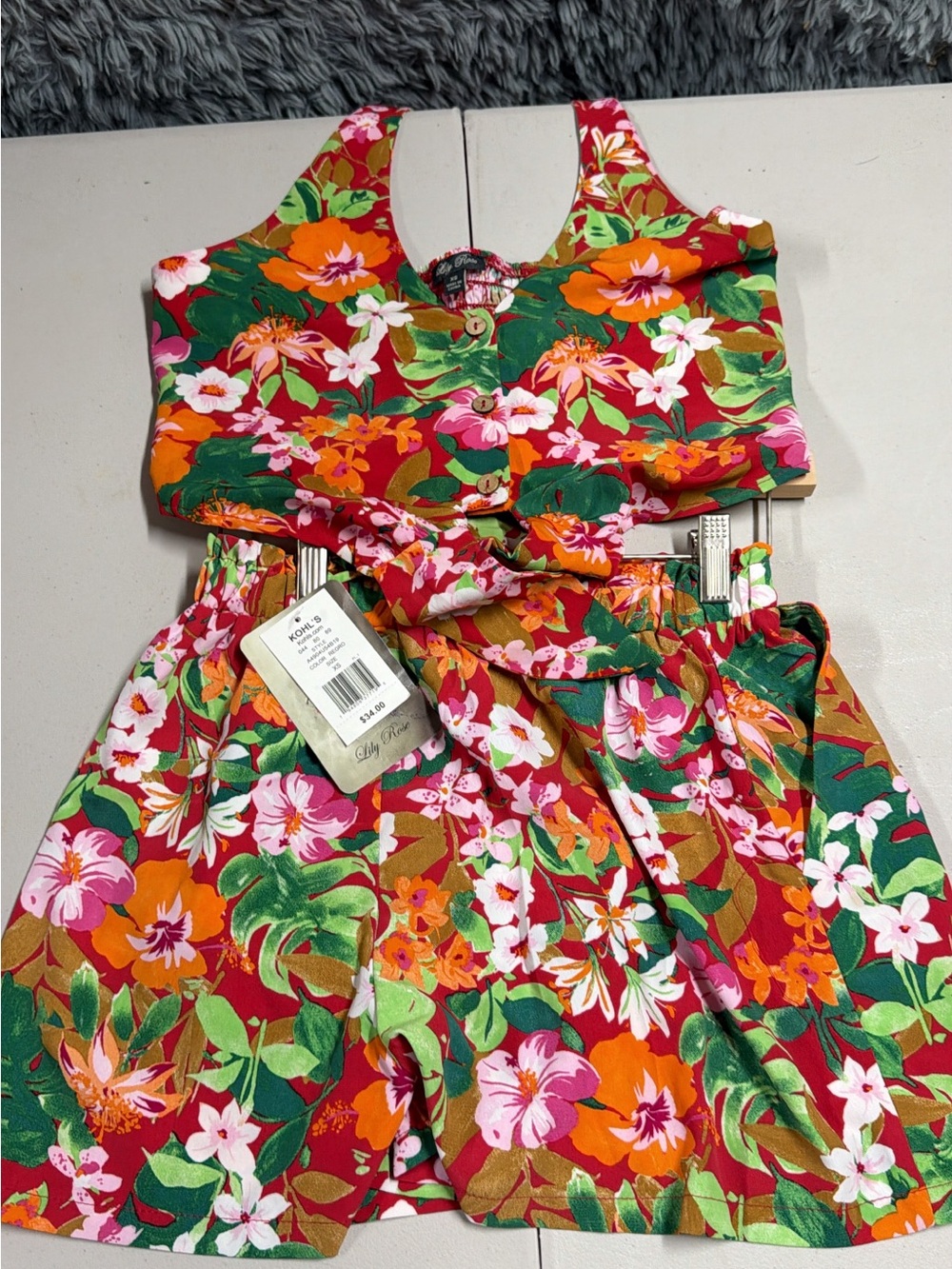 Vibrant Floral Two-Piece Set — Red, Green, Orange, Pink XS